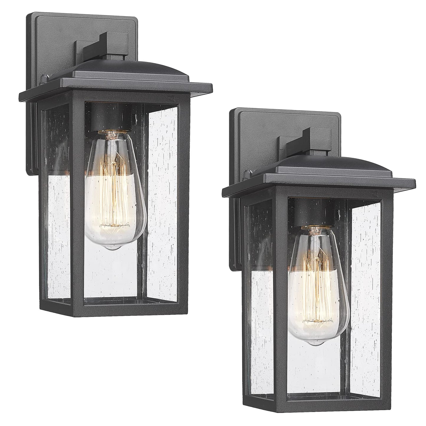 Diyel Outdoor Wall Sconces 2 Pack, Exterior Light Lantern Fixtures, Porch Light Lamps Outdoor Wall Mounted in Black Finish with Seeded Glass for House, Garage, Patio, Yard, Garden