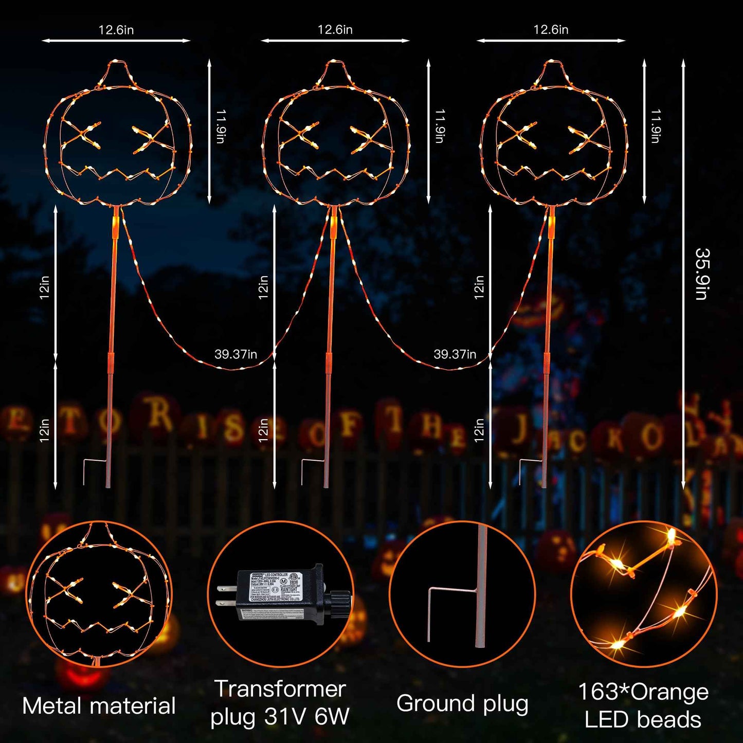 Woohaha Halloween Pumpkin Pathway Lights,163 LED Plug in Garden Outdoor Decorations，Waterproof String Lights with 3 Pumpkin Stakes Light for Garden Walkway Yard Driveway Lawn Party Decor（Orange）