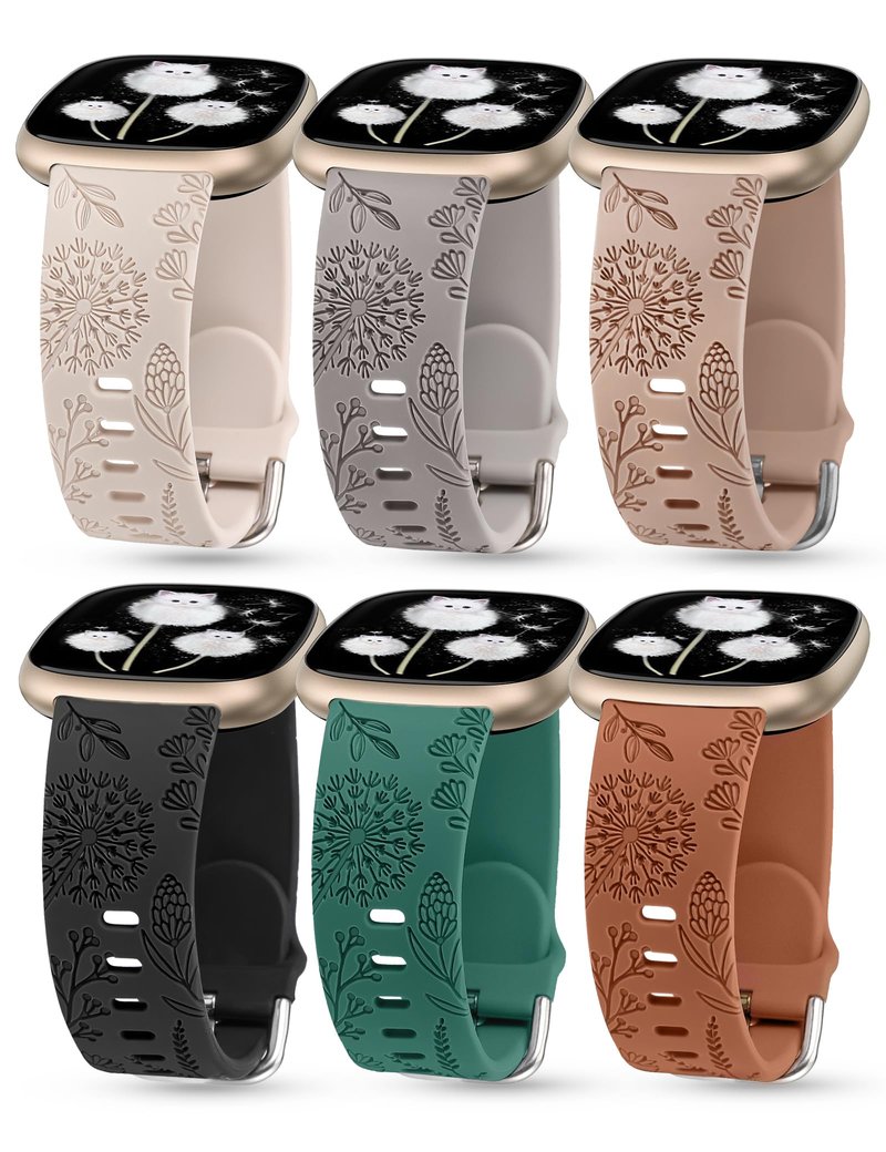 Minyee 6 Packs Floral Engraved Band Compatible with Fitbit Versa 4/Versa 3/Sense 2/Sense Band Women, Cute Soft Silicone Dandelion Flower Pattern Sport Designer Fancy Summer Strap for Versa 3