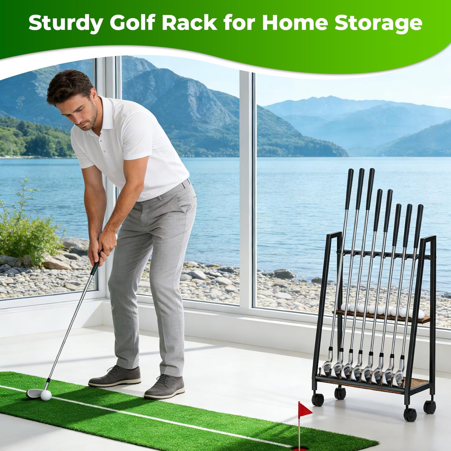 DEMEGA Golf Club Stand with Wheels, 8 Golf Club Holder & 9 Ball Rack, Matte Black Iron & Natural Wood Board Golf Club Organizer, Portable Golf Storage Rack for Garage Home Office Indoor Display