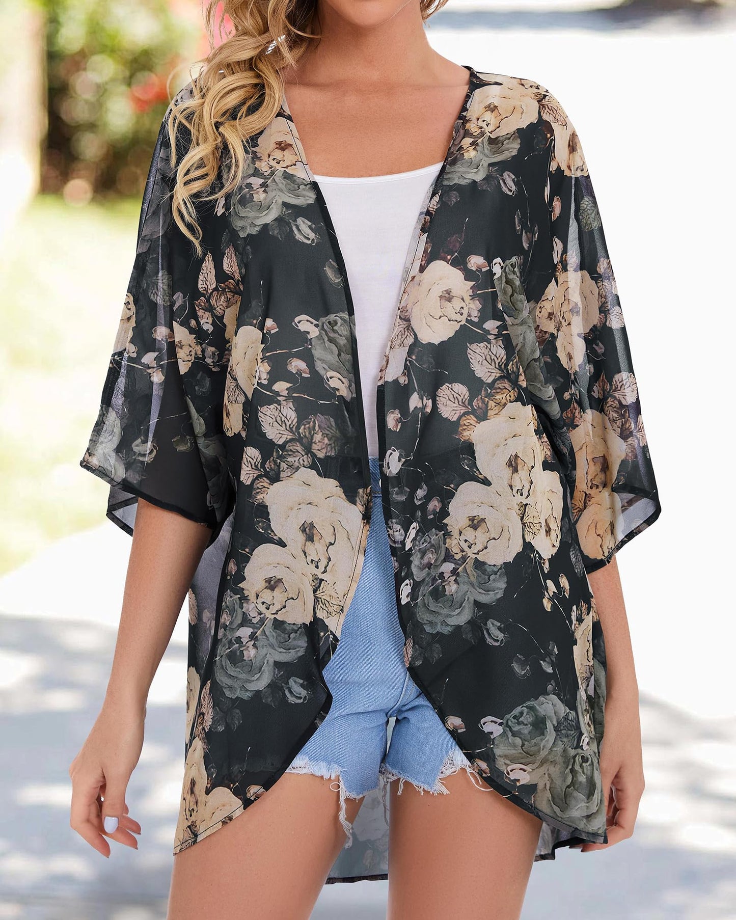 Womens Floral Tops Short Sleeve Casual Summer Loose Cover ups Shirts (Black Khaki Floral, S)