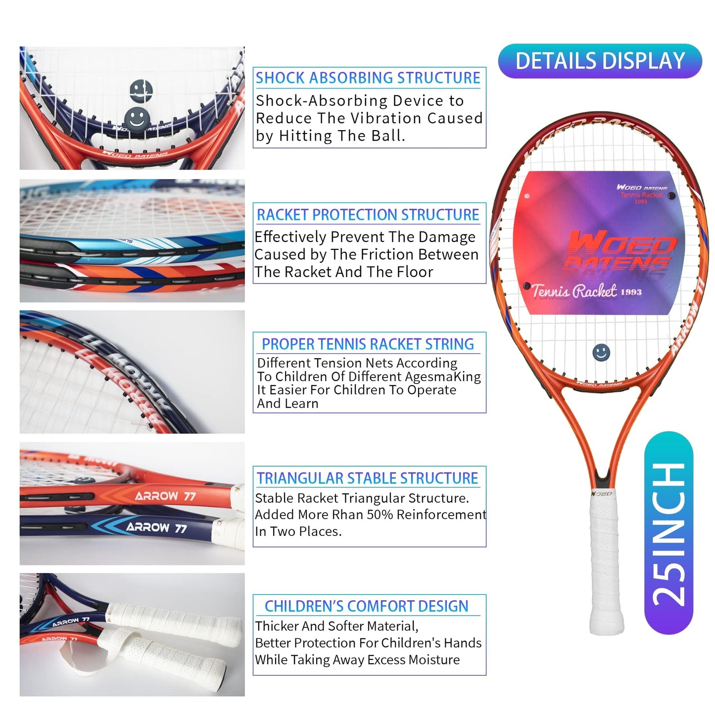 19" 23" 25" Kids Tennis Racket Junior/Youth Tennis Racquet with Tennis Ball Carry Bag Overgrips Vibrations Dampers…