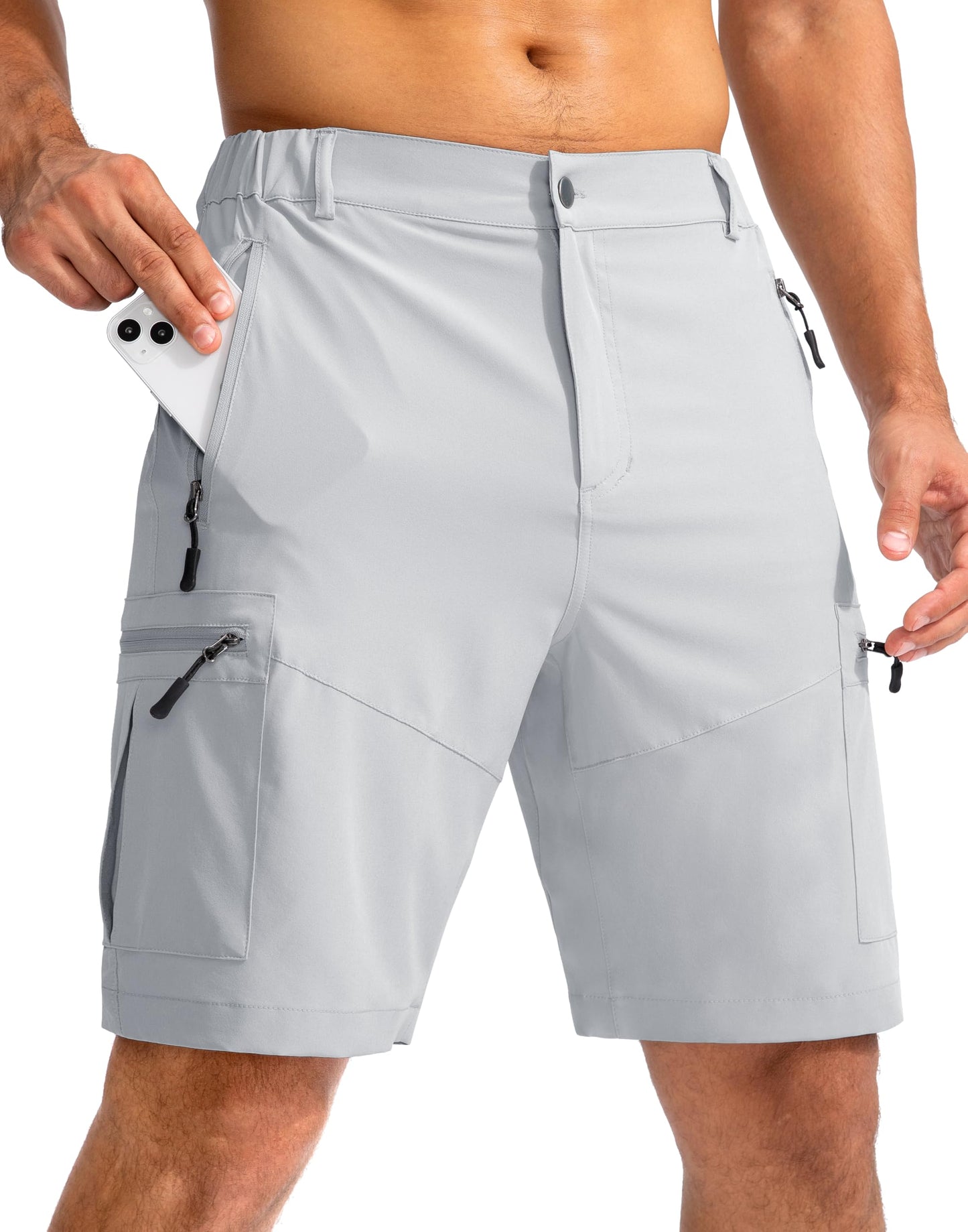 Pudolla Men's Hiking Cargo Shorts 9" Lightweight Outdoor Work Shorts for Men Travel Golf Camping Casual with 5 Zipper Pockets(Bright Grey Small)