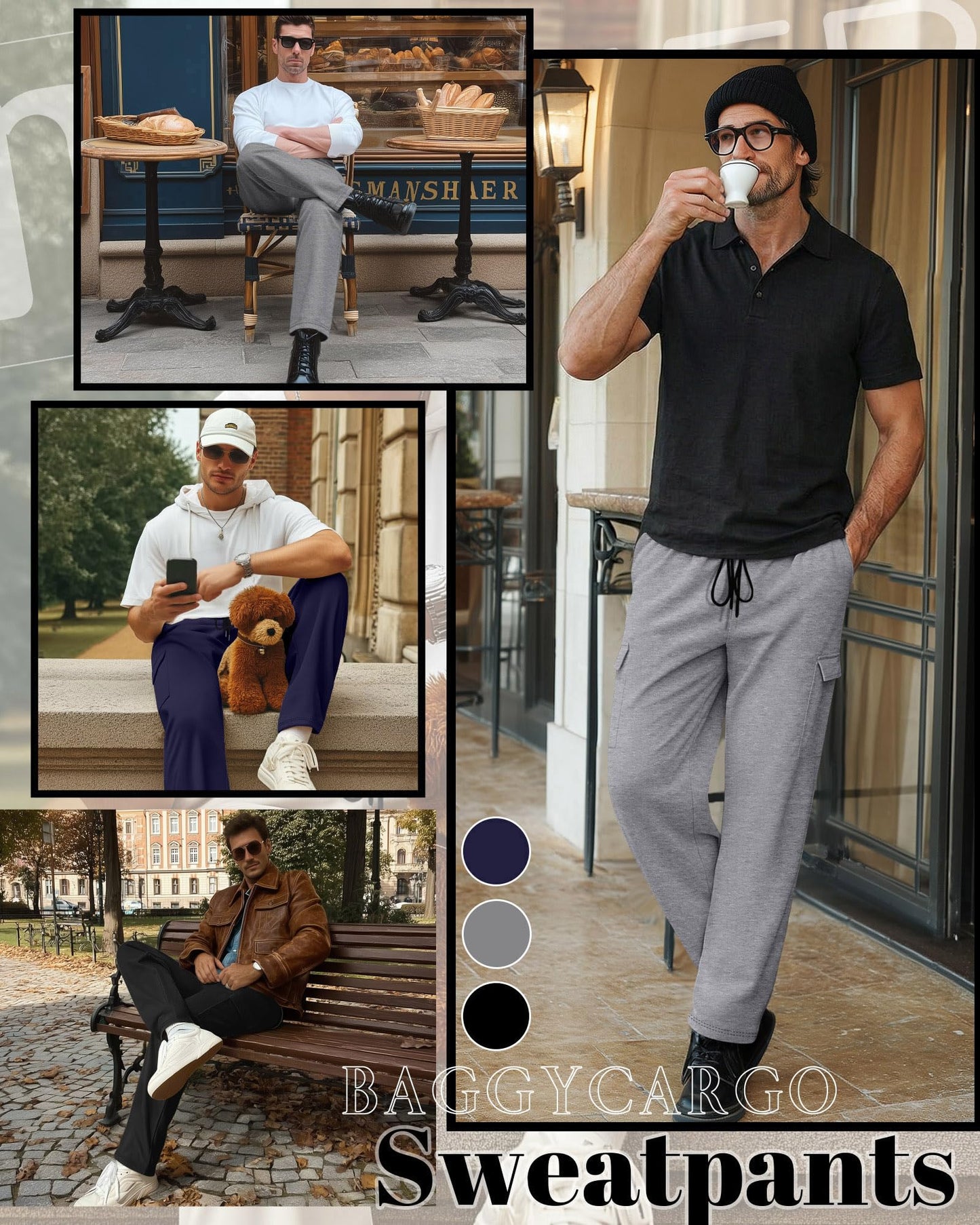 Neer 3 Pack Men's Cargo Sweatpants Baggy Open Bottom Joggers Straight Wide Leg Drawstring Lightweight Pants with Pockets(Black, Navy Blue, Light Mixed Gray,X-Large)