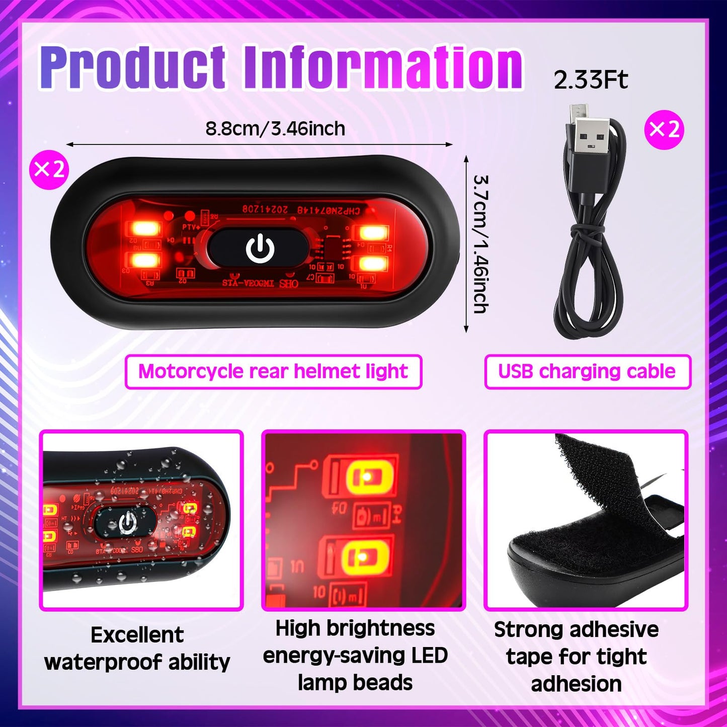Tujoe 2 Set Motorcycle Bike LED Red Rear Helmet Light Rechargeable Bicycle Safety Warning Helmet Tail Lights with USB Chargeable Cable, Safety Warning Night Lamp for Night Riding(3 Lighting Modes)