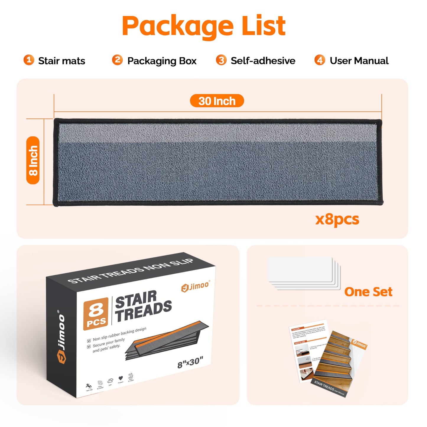 J JIMOO Stair Treads Non Slip for Wooden Steps, 15 PCS 8" X 30" Stair Carpet Runner Indoor with Extra Adhesive, Edging Staircase Rugs for Kids Pets Elders, Gray