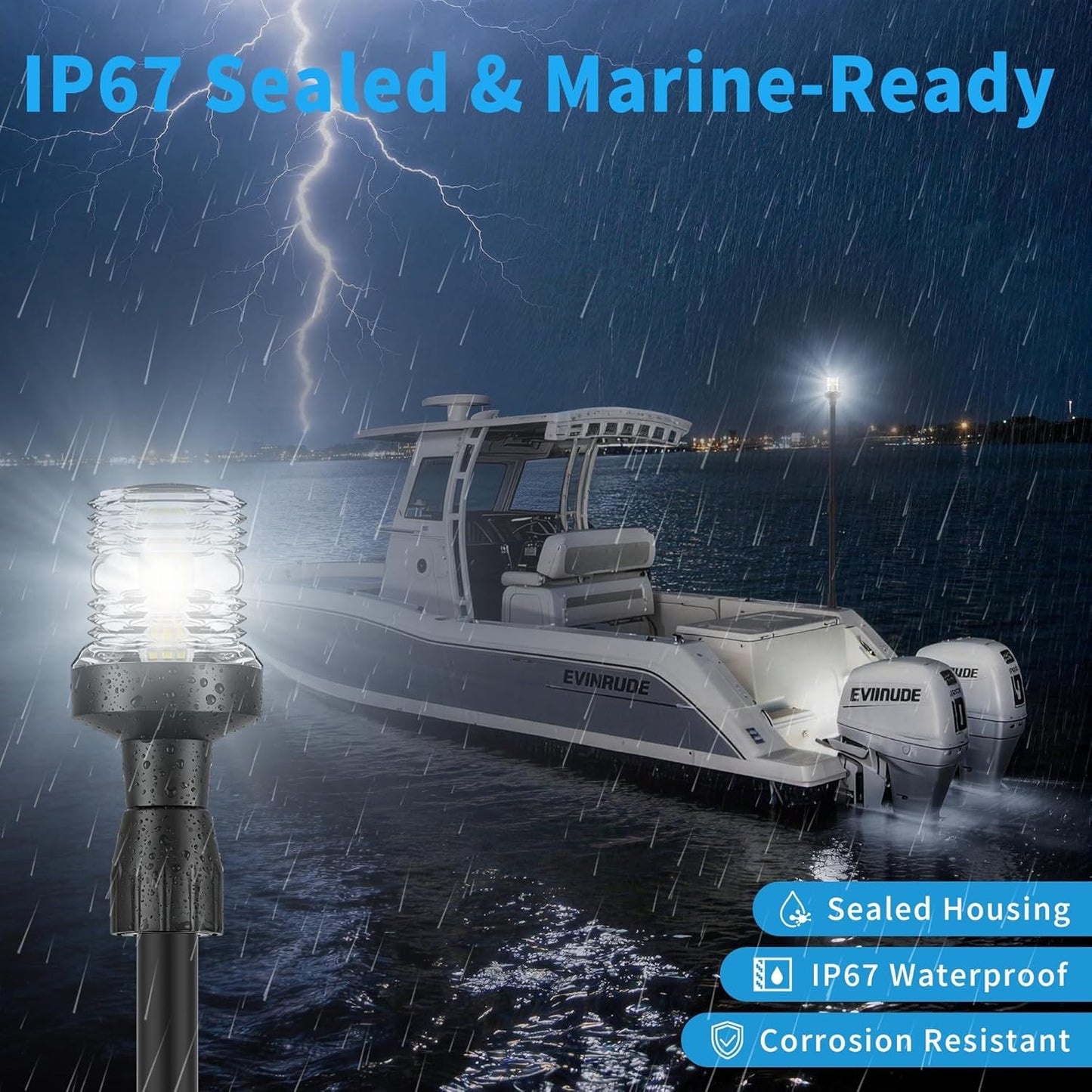 Obcursco LED Boat Stern Light - Telescoping 27"-48" Adjustable Navigation Light | 12V, 3NM, 360° for Pontoon & Yacht