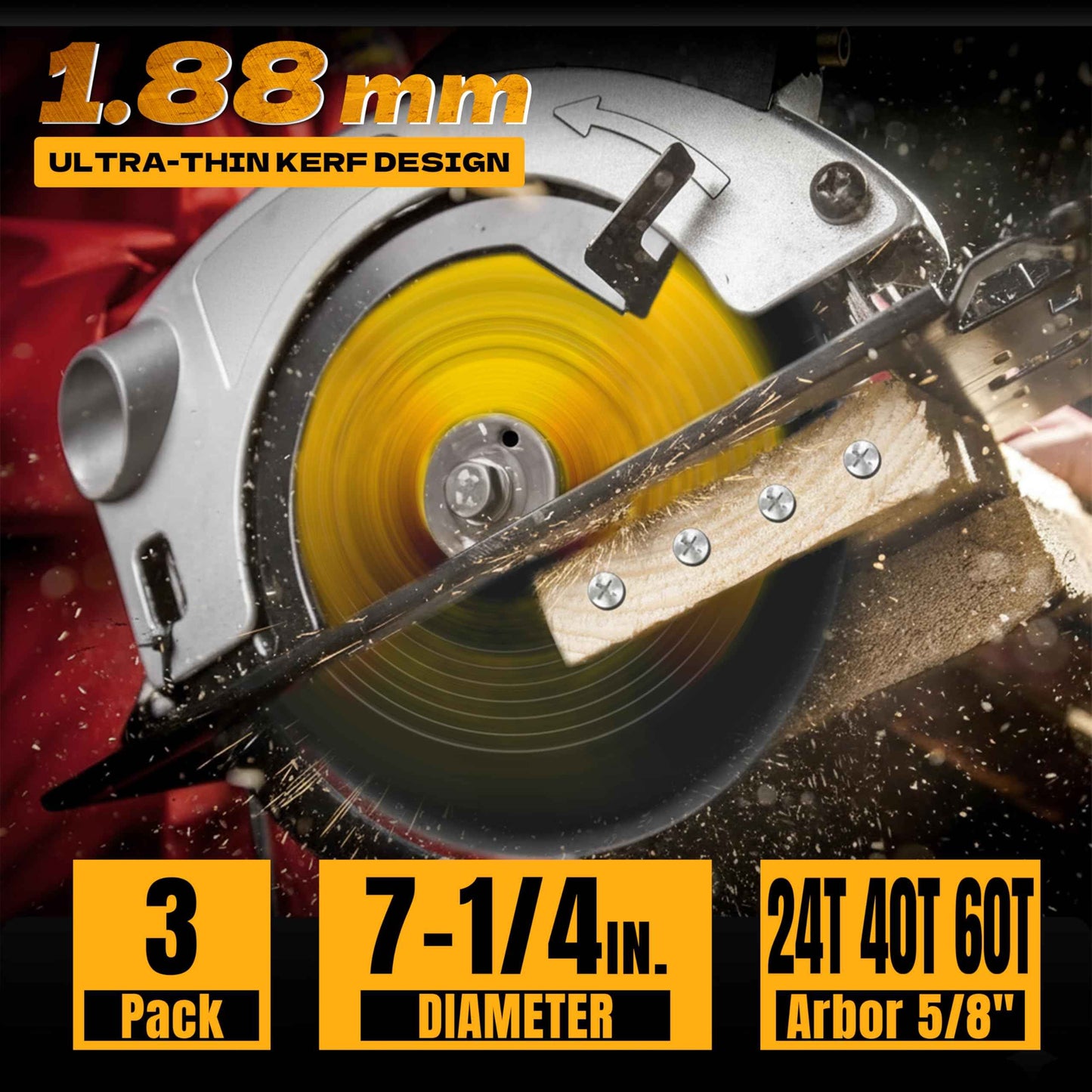 7 1/4“ Circular Saw Blade, 24T&40T&60T ATB Circular Saw Blade Fine Finish, 5/8" Arbor, TCT, Anti-Vibration, Teflon Anti-Stick, Miter Saws Blades for Wood, MDF, OSB, Laminated, Plywood (3Pack)