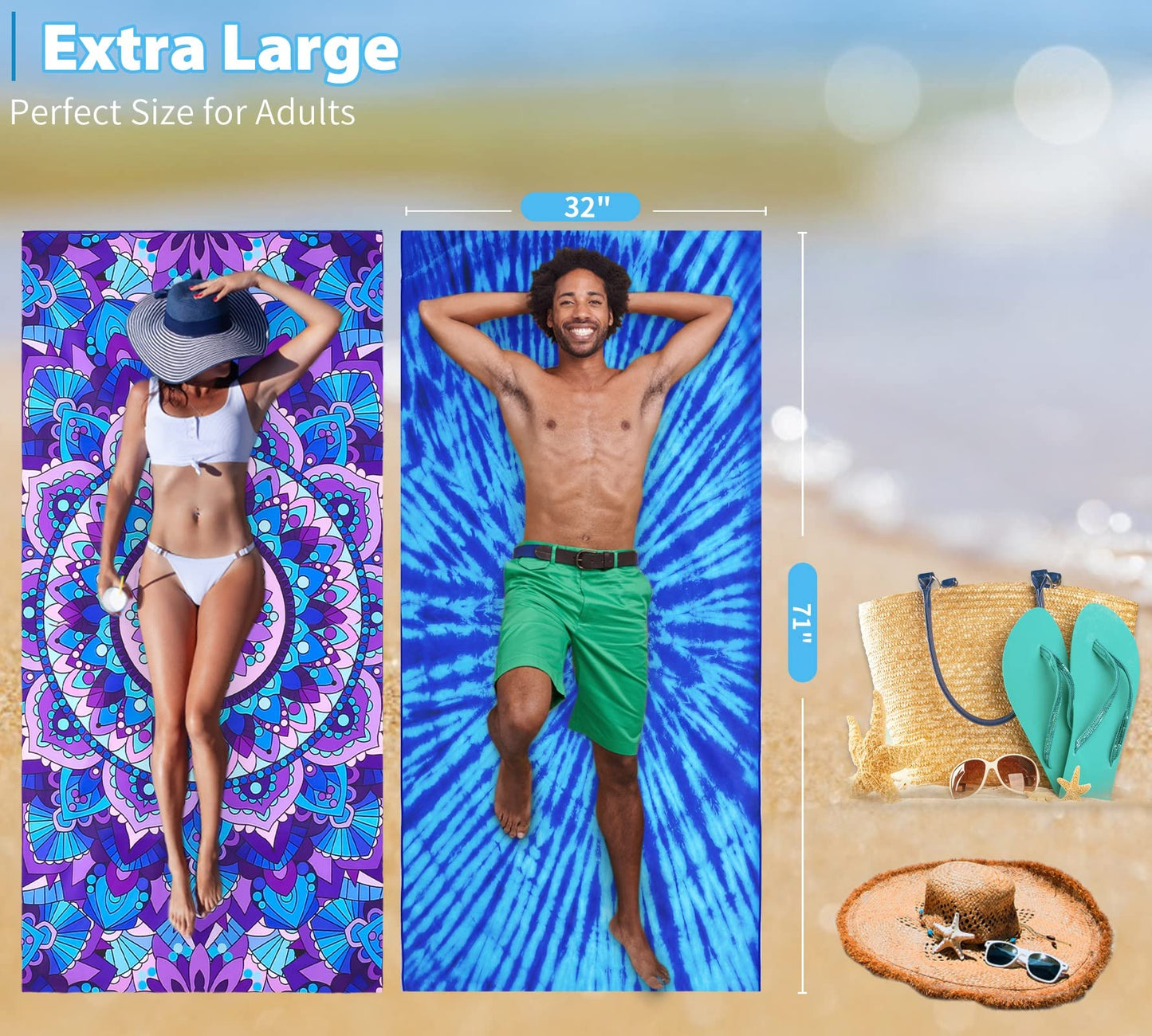 4 Pack Microfiber Thin Lightweight Beach Towel Oversized 71x32 Extra Large Sand Free Towels for Travel Swim Pool Yoga Gym Camping for Adults Women Men Beach Essentials Accessories Vacation Gift