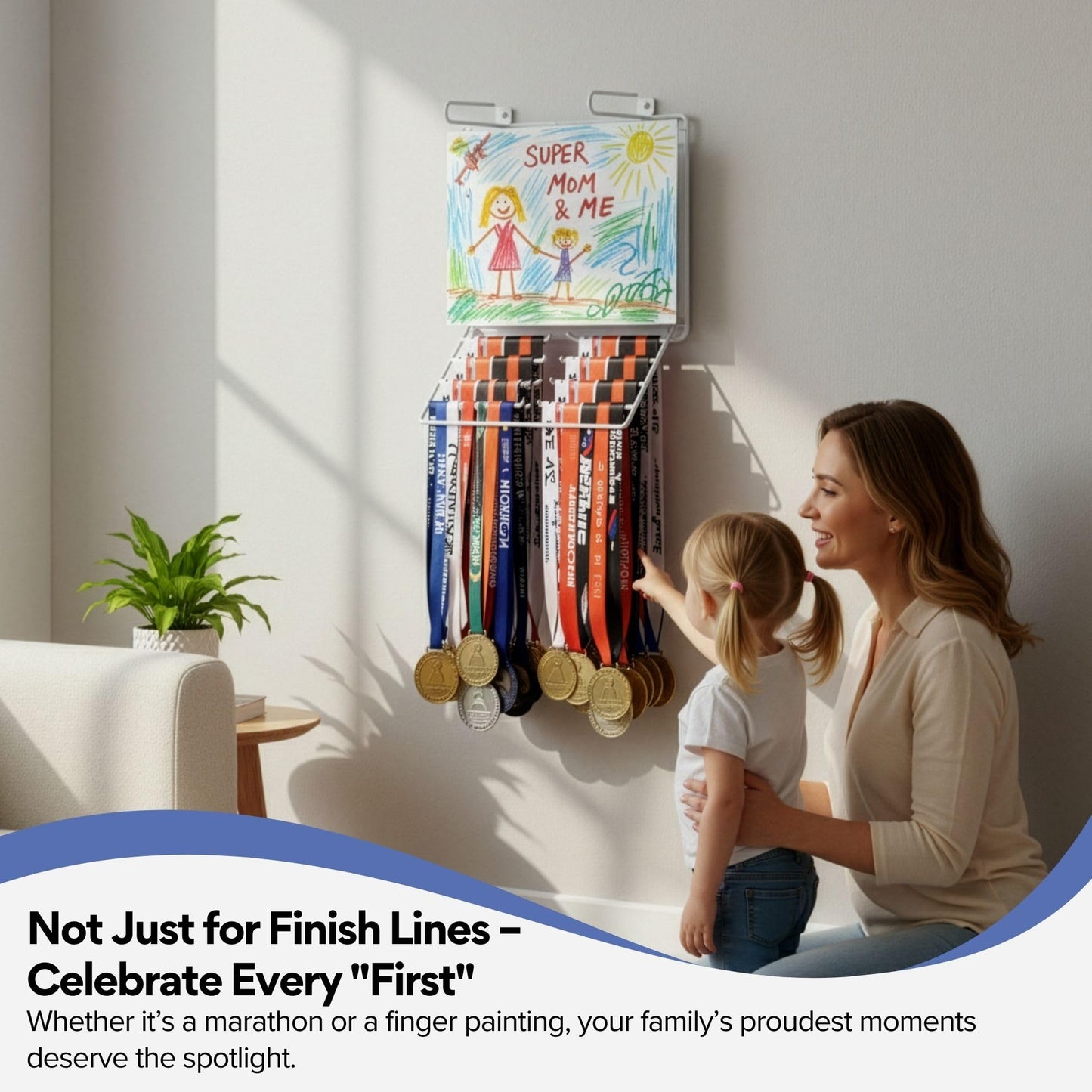 Performore 2-in-1 Wall-Mount Medal & Bib Display Rack | Metal Steel Organizer Rack with 12 Clear Bib Pockets, Hooks & Mounting Kit | Holds 40+ Medals & Bibs | Home, Gym, Sports Room