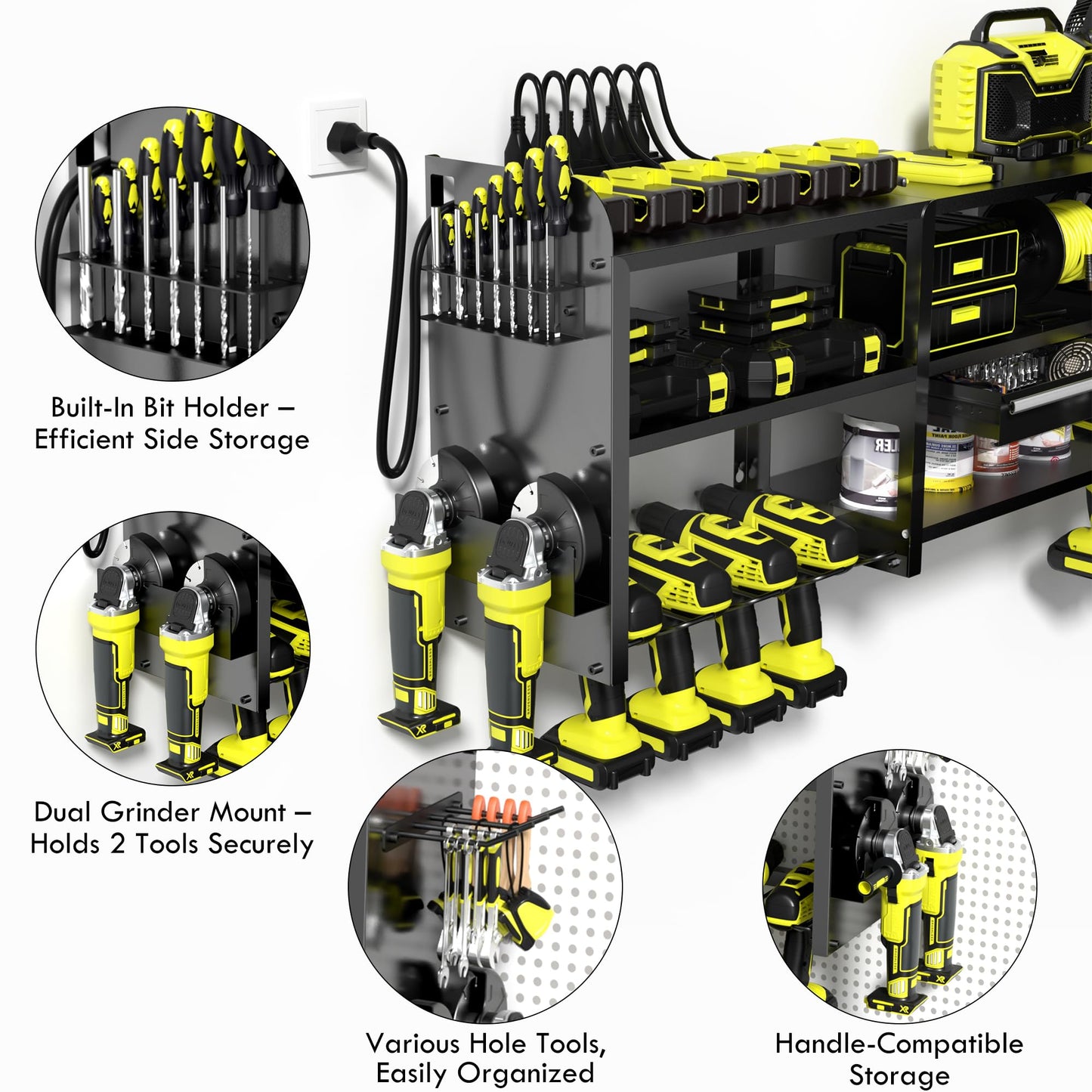 KSVO Large Power Tool Organizer Wall Mount with Drill Rack, Grinder Holder, Hammer & Pliers Rack, Locking Drawers & 6-Outlet Charging Shelf – Heavy Duty Metal Tool Storage for Garage & Workshop