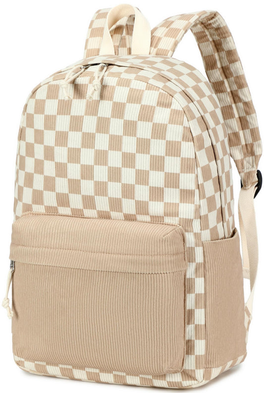 CAMTOP Backpack for Teen Girls Corduroy Bookbags Elementary Middle High School School Bag Lightweight Women Travel Casual Daypacks (Brown White Grid)
