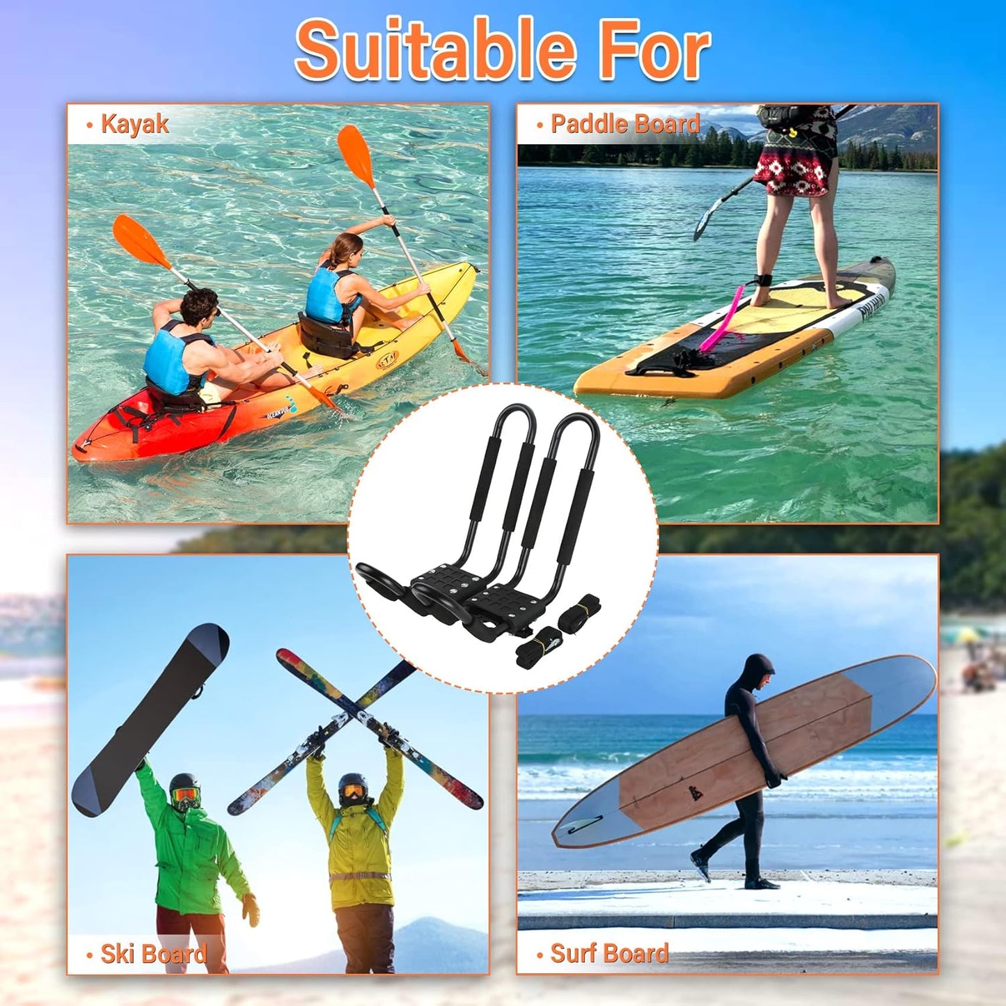 PIRIPARA Kayak Roof Rack - J-Bar Carrier Holder for Canoes & Surf Skis | Set of 2 Pairs for SUVs & Trucks