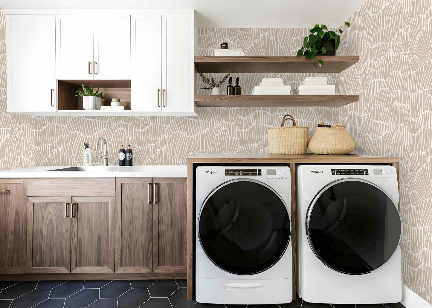 Guvana Beige Peel and Stick Wallpaper Boho Beige and White Contact Paper Modern Striped Self Adhesive Waterproof Wall Paper for Bathroom Bedroom Decor Removable Temporary Rv Wallpaper Roll 17.3"×787"