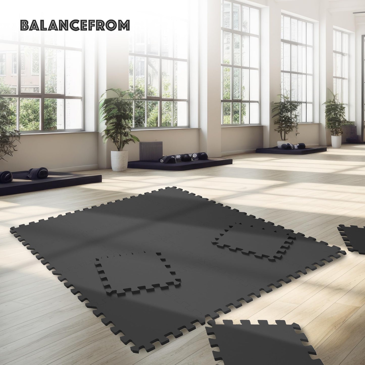 BalanceFrom Puzzle Exercise Mat 1/2" Thick, EVA Interlocking Foam Floor Tiles for Home Gym, Mat for Home Workout Equipment, Floor Padding for Kids, Black, 24 in x 24 in x 1/2 in, 24 Sq Ft - 6 Tiles