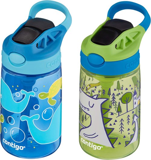 Contigo Aubrey Kids Water Bottle - Spill Proof Silicone Straw | 14oz, 2-Pack, Whales & Dragons