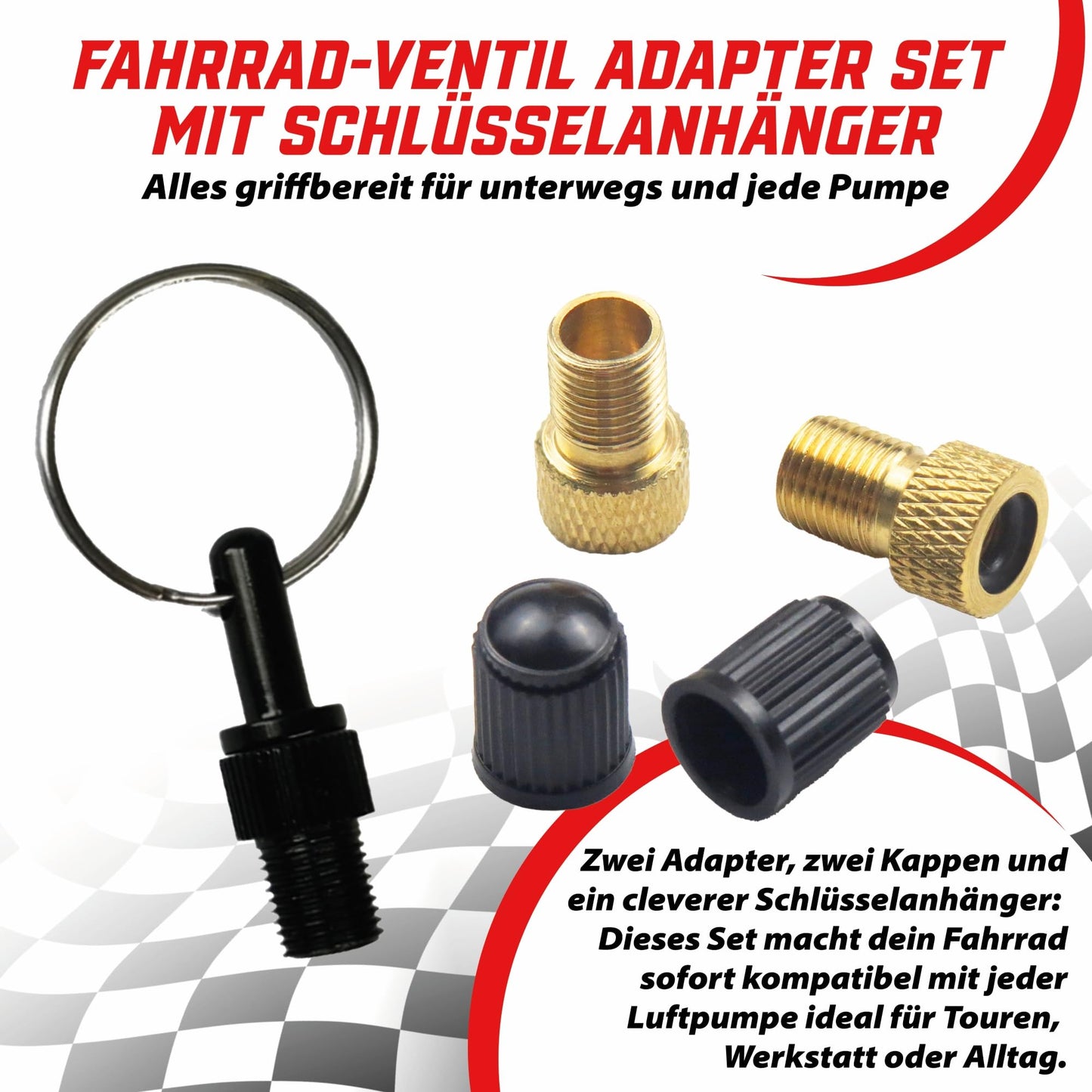 Pitlane Performance® Bike Valve Adapter Set – Brass Adapters for Presta Valves – 2 Presta-to-Schrader Adapters + 2 Valve Caps for Bicycles, E-Bikes & Scooters (Set of 5 (Including Keychain))