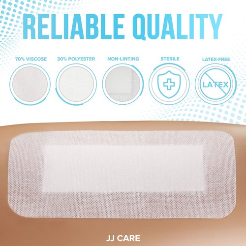 JJ CARE Adhesive Island Dressing [Pack of 25], 4” x 10” Sterile Bordered Gauze, Breathable Island Wound Dressing, Individually Wrapped Adhesive Gauze Bandages with Non-Stick Central Pad