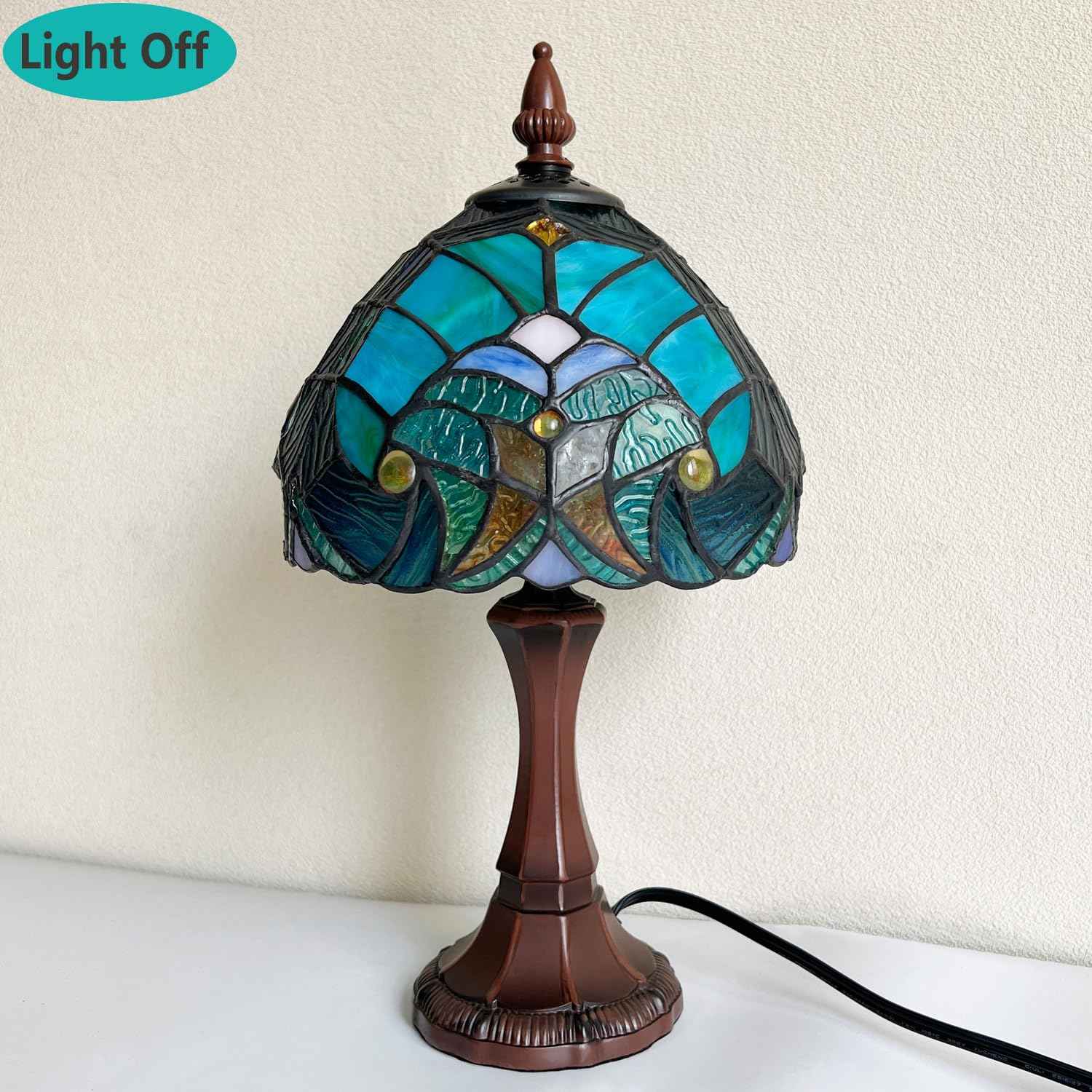 COTOSS Tiffany Table Lamp Sea Green Stained Glass Accent Table Light Antique Style Desk Lamp Vintage Bedside Lamp for Living Room Bedroom