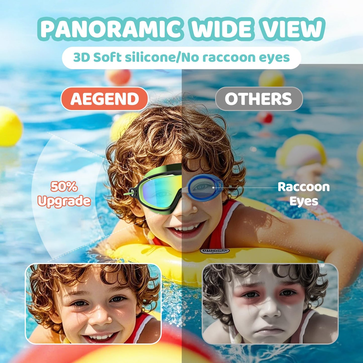 Aegend Kids Swim Goggles with Bungee Strap No Leaking Anti Fog Toddler Swimming Goggles with Quick Adjust Ages 6-14 (Aqua & Blue, Small)
