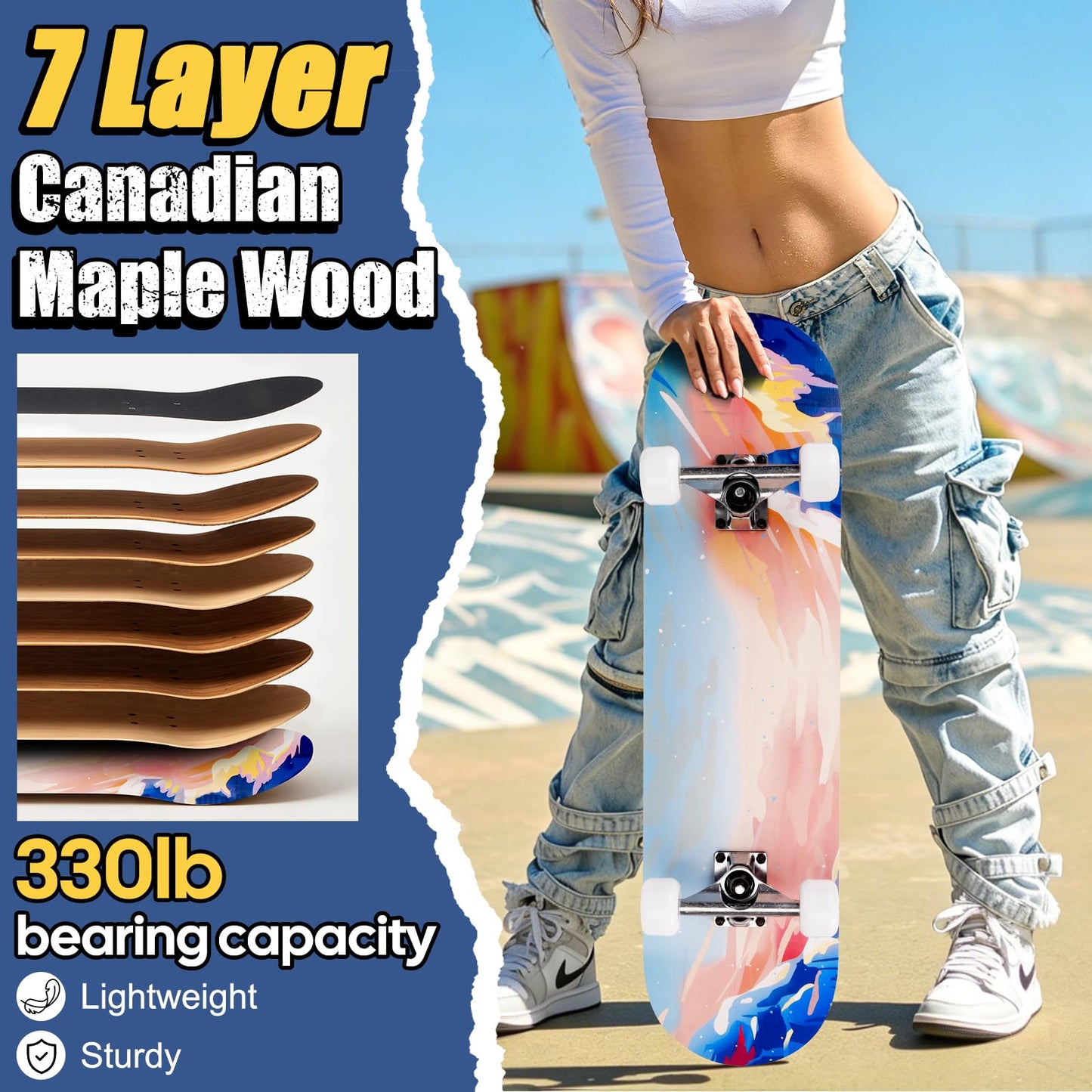 CAPARK Skateboards for Beginners Adults Youths Teens Kids Girls Boys 31 Inch Pro Complete Skate Boards 7 Layer Canadian Maple Double Kick Concave Longboards (Ocean)
