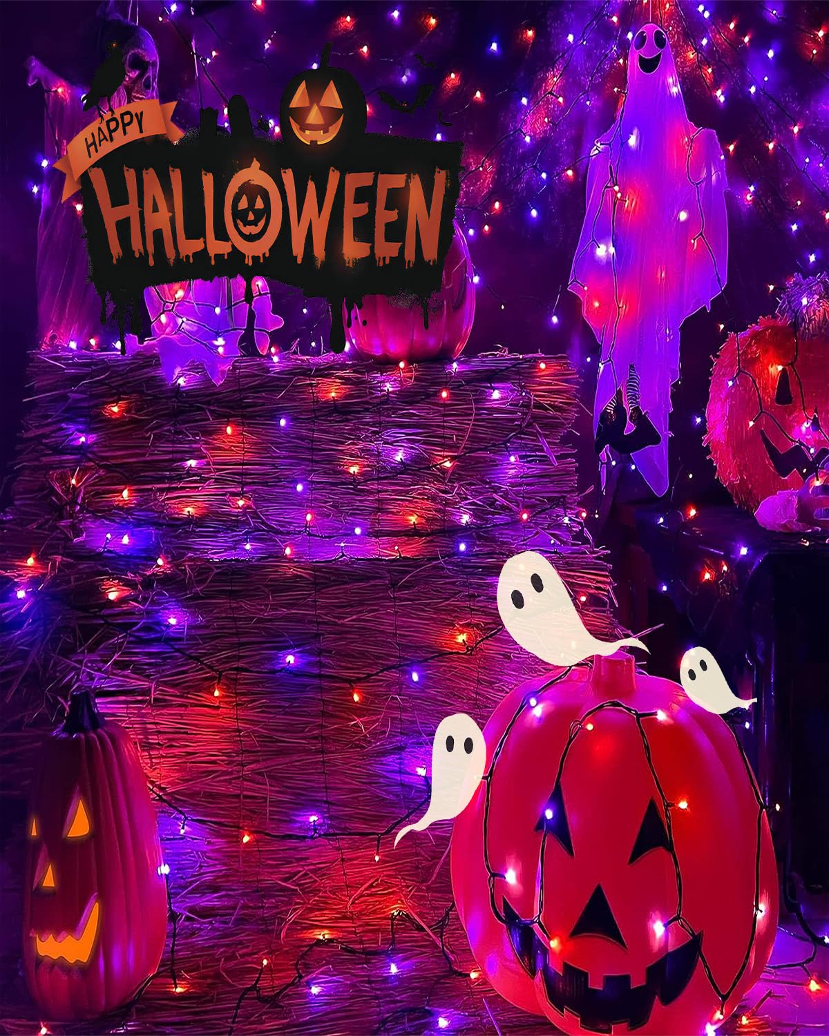 L LAMPOP Orange Purple Solar Halloween Lights Outdoor Waterproof Halloween Decorations Outdoor Lights with 8 Modes for Party Patio Garden Tree Yard