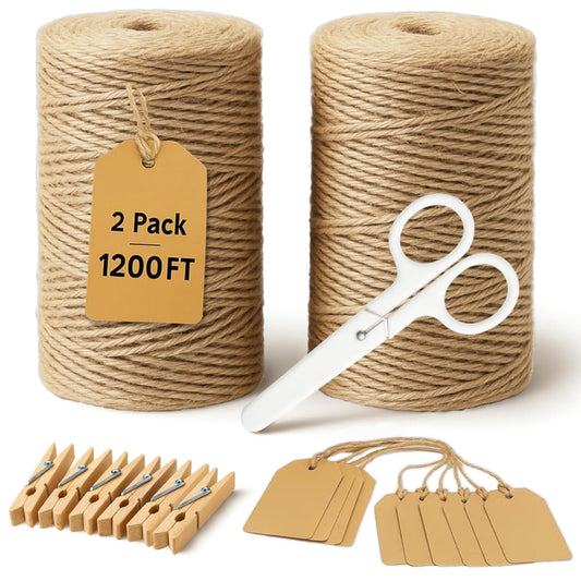 5 Pack Natural Twine String Suit : 2mm 1200 Feet Jute Twine Twisted from 3 Ply - String for Crafts Gardening Gift Wrapping Home Decor Knitting - Suitable for Handicraft and Gardening Enthusiasts