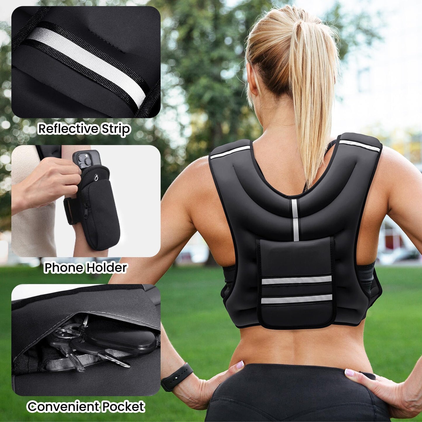 Fragraim Adjustable Weighted Vest for Women Men, 14-18lb Weight Vest with 4 Removable Iron Weights, Phone Holder and Back Pocket, Vest for Walking,Strength Training, Running - Black