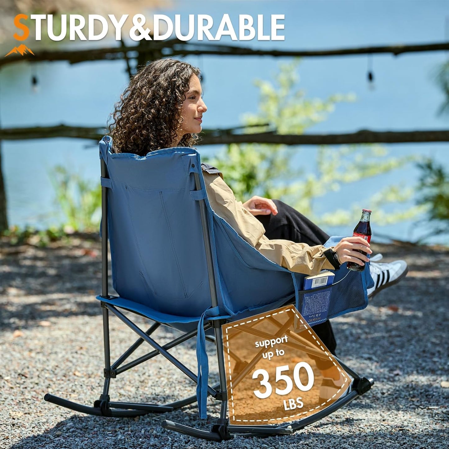 Portal Outdoor Rocking Chair - Portable Camping Rocker with Cup Holder & Side Pocket | Supports 350LBS, Blue