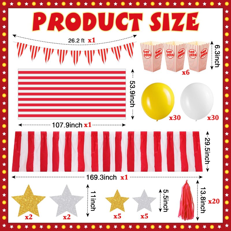Suncalla 85 Pcs Halloween Carnival Golf Cart Decorations Red and White Stripes Backdrop Tassels Banner Flags Ballons Popcorn Boxes Glitter Star Cutouts for Golf Cart Party Supplies Decor