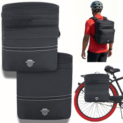 Nomad USA 34L Bicycle Saddlebags Pair XL 2-in-1 Bike Panniers Converts to Backpack Carry Bag Reflective Everyday Scooters Commuters Bike Rear Rack Bag w/Rain Cover for Students,City,Road,Mountains