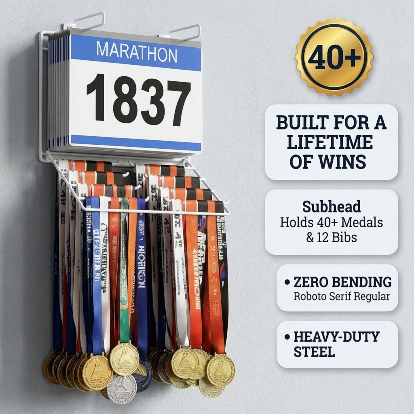 Performore 2-in-1 Wall-Mount Medal & Bib Display Rack | Metal Steel Organizer Rack with 12 Clear Bib Pockets, Hooks & Mounting Kit | Holds 40+ Medals & Bibs | Home, Gym, Sports Room