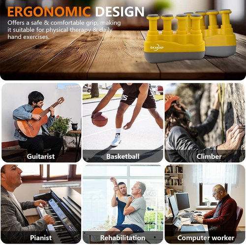 Hand exerciser - Improves finger, hand, and forearm flexibility and strength - Adjustable tension for each finger - Simulates guitar strings to help build calluses - Comfortable workout - Yellow and gray