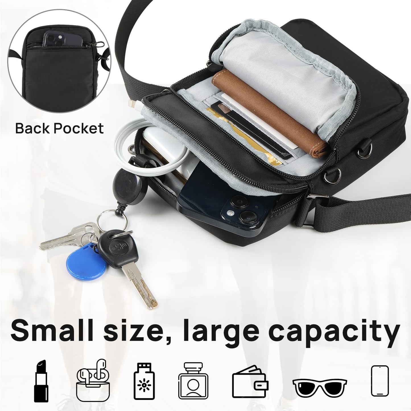 VADOO Sling Bag for Men Women, Anti Theft Crossbody Shoulder Bag with Zipper Lock, RFID Blocking & Waterproof for Travel Casual(Black)
