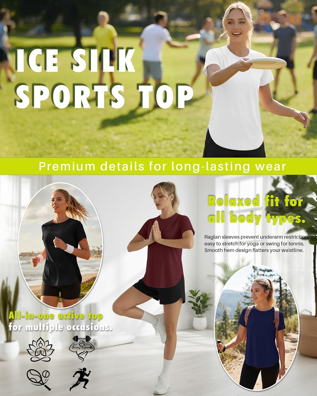 Skiennix Women's Workout Shirts - Quick Dry Raglan Athletic Tops | Short Sleeve Loose Fit Yoga Tees, 4 Pack