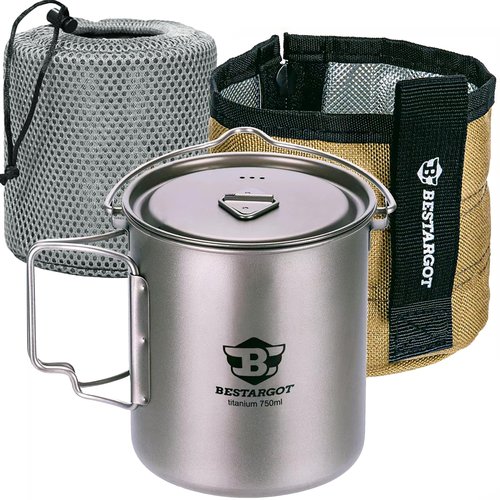 Bestargot Camping Titanium Pot, 750ml Outdoor Cup with Insulation Cup Carrier, Titanium Camping Drinkware, 132g Lightweight and Large Capacity