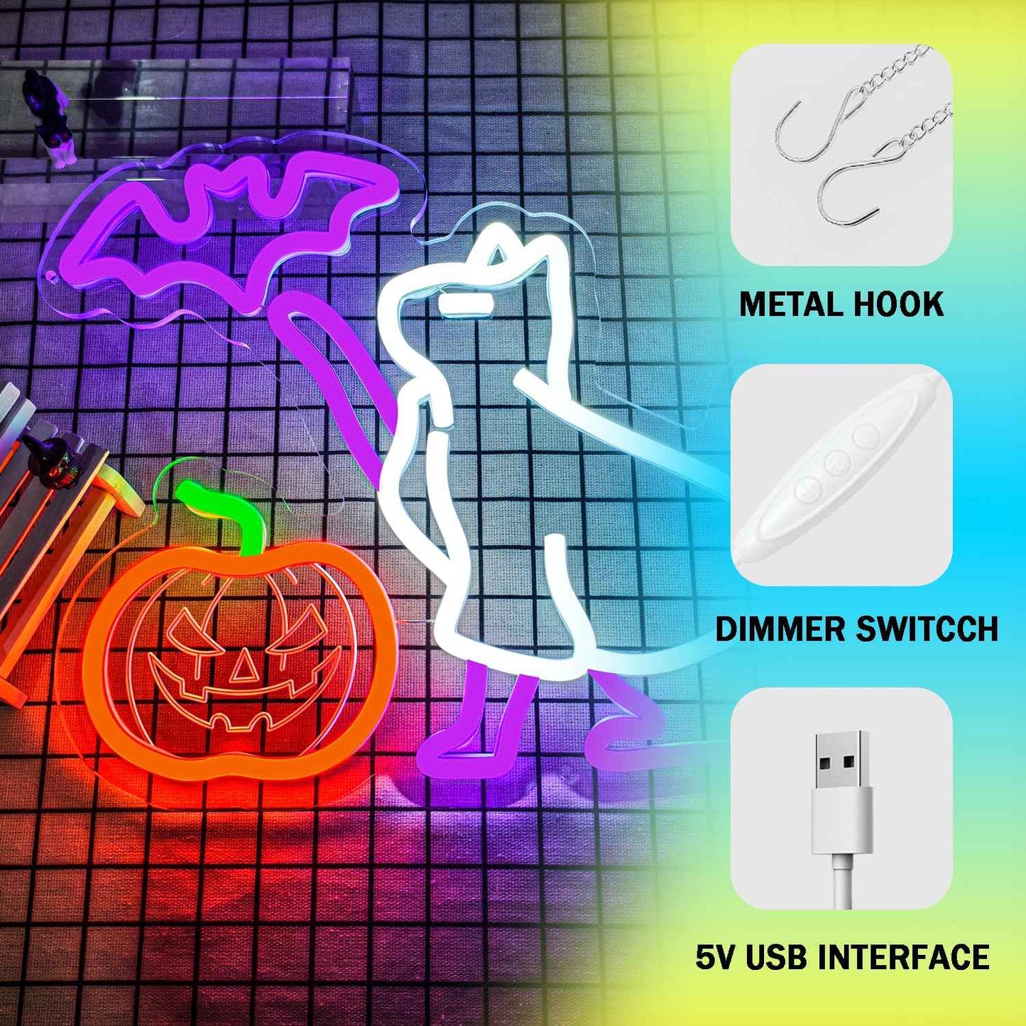Halloween Neon Sign for Wall Decor Dimmable Ghost Cat Neon Light USB Powered Pumpkin Neon Sign Happy Halloween Neon Light for Bedroom Men Cave Home Halloween Party