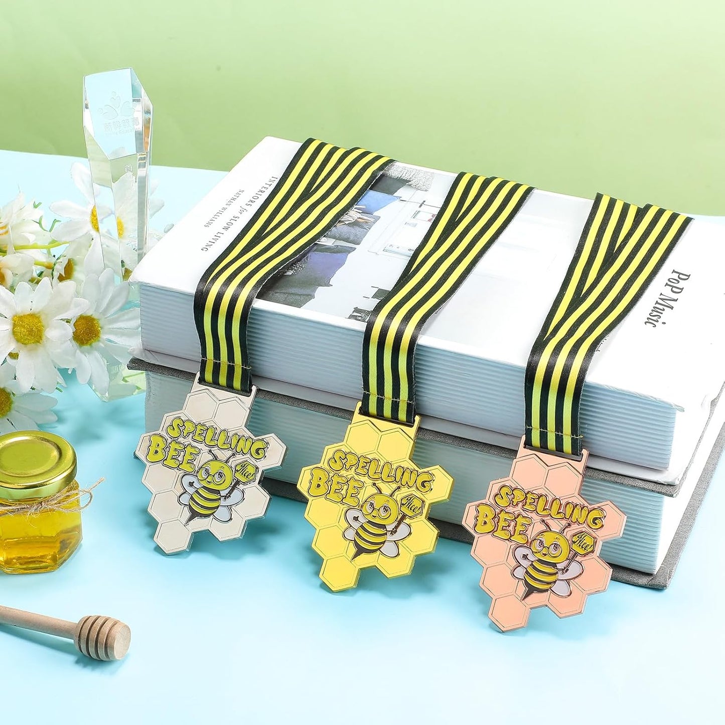 Remuuly Spelling Bee Honeycomb Medals - 1st, 2nd, 3rd Place Awards with Neck Ribbons | 3.2 x 2.8 Inches (Classic)
