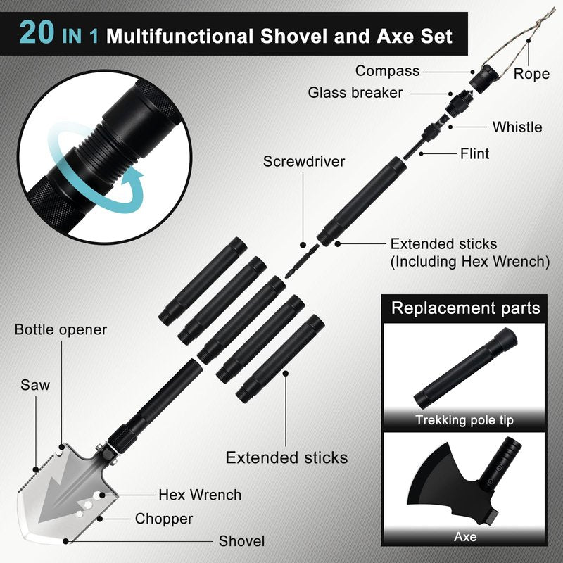 GOJAWAY 20 in 1 Multitool Survival kit, Camping Shovel Military Axe, 55" Trekking Pole Foldable Spade with Portable Bag and Hatchet, for Car Emergency Offroad Entrenching Tool