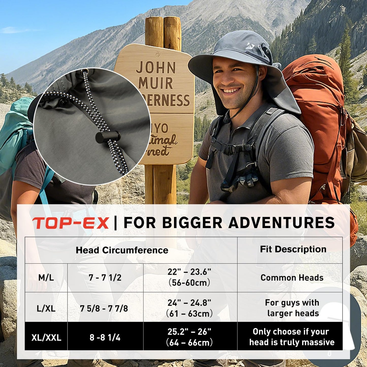 Summer Sun Hat Shade Men Big Head Women Wide Brim Neck Flap Safari Waterproof Beach UPF50+ Fishing Hiking Dark Grey