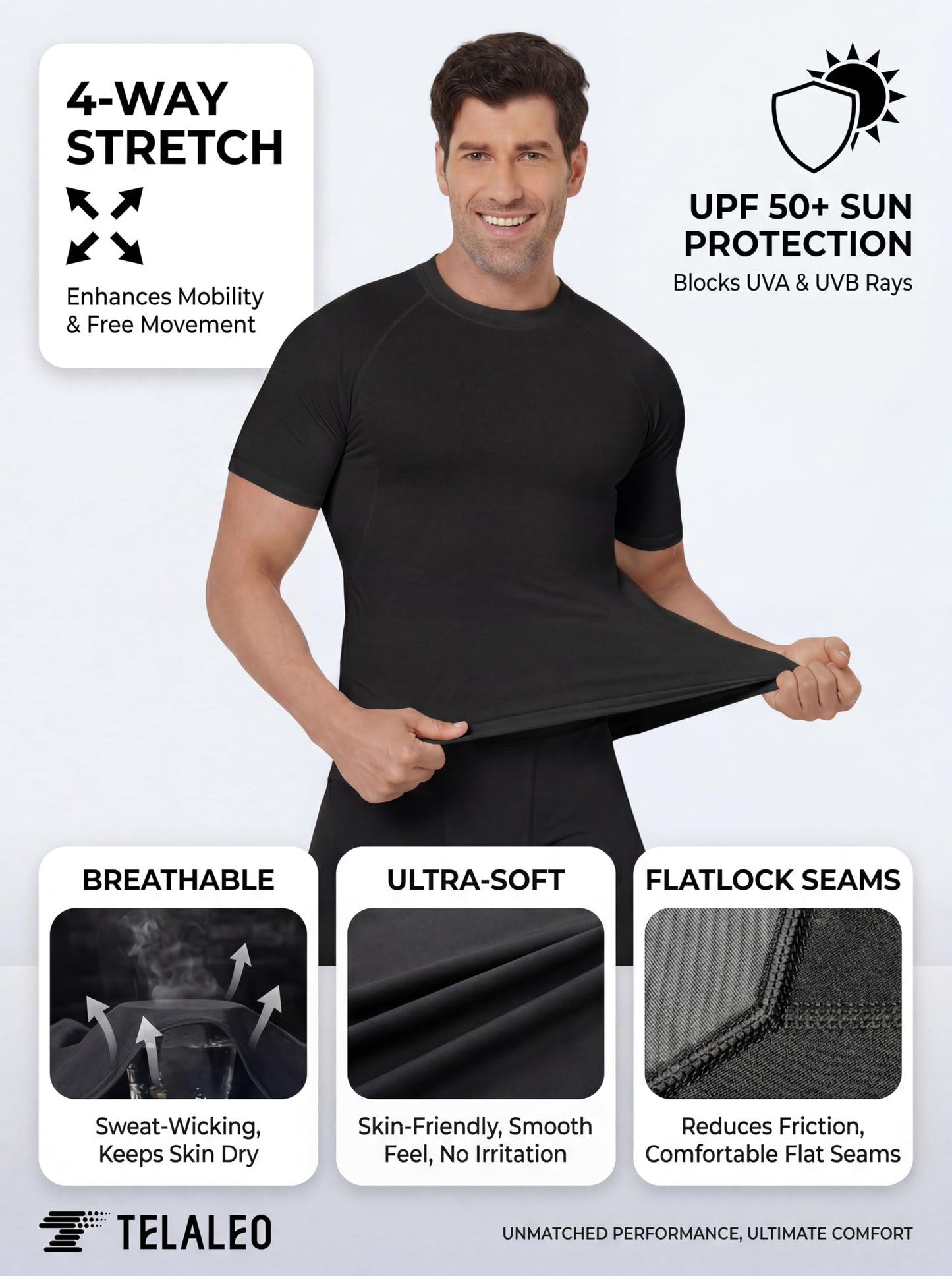 TELALEO 6 Pack Men's Compression Shirt Short Sleeve Athletic Baselayer Sports T Shirts Workout Tops for Men Black White M