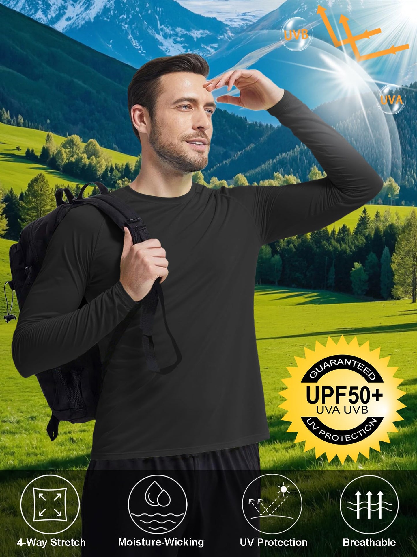 PLUMZJOY Mens UPF 50+ UV Sun Protection Shirts Outdoor Long Sleeve SPF Rash Guard for Fishing Hiking Swim Running Black M