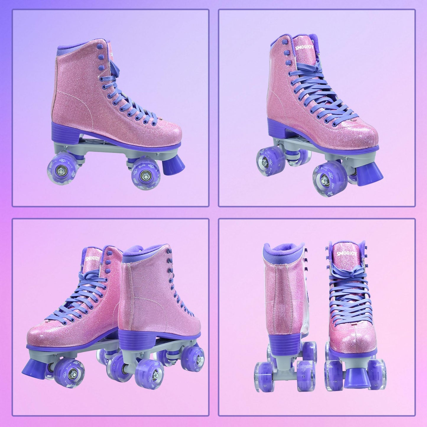 SMOOJOY Roller Skates for Women Girls High Top PU Adult Derby Quad Purple Red Skates Shoes Outdoor Shiny Double-Row Four Wheels Light Up Leather Rollerskates for Ages 8-50 Indoor