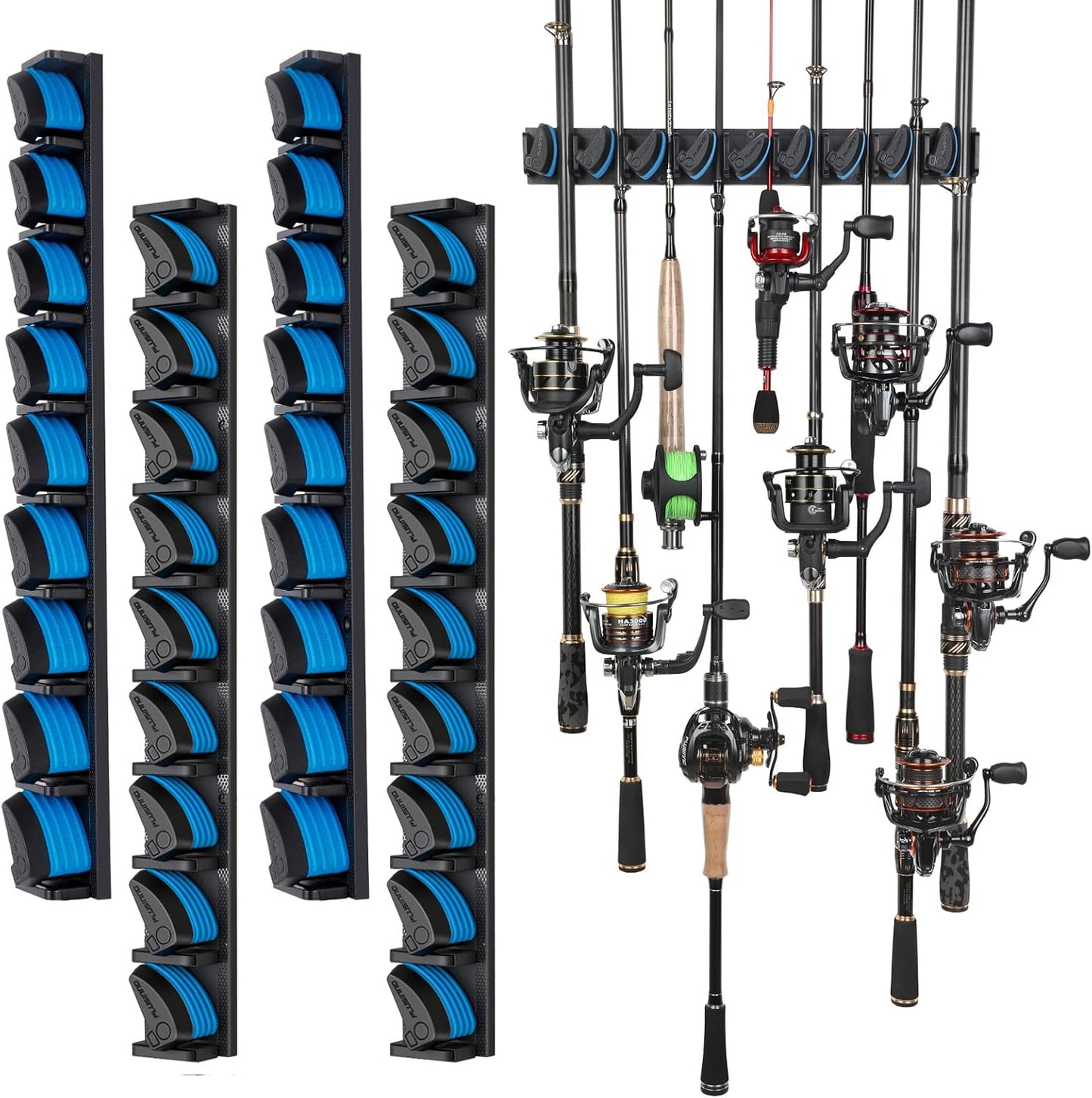 PLUSINNO Fishing Rod Rack - Wall-Mounted Holder for 36 Rods | 4-Pack Fishing Gear Organizer