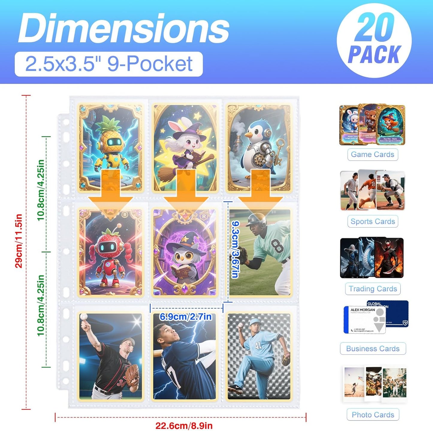 Skiennix 360 Pockets Binder Card Sleeves - Double-Sided 9 Pocket Pages for Trading Cards | Clear Plastic, 20 Pack