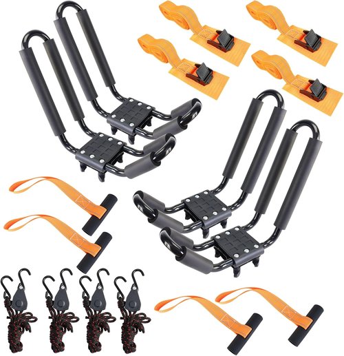 Kayak Roof Rack - Heavy Duty J-Bar Carrier for Canoes, SUVs, and Trucks | Includes 8 Ratchet Straps