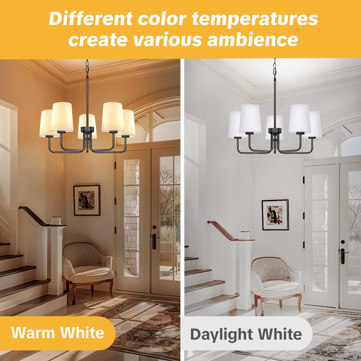 Laiebri Farmhouse Chandelier, 5-Light Black Chandelier with White Fabric Shade, Height Adjustable Modern Dining Room Light Fixture with E26 Base for Bedroom Foyer Hallway Entryway Kitchen Living Room