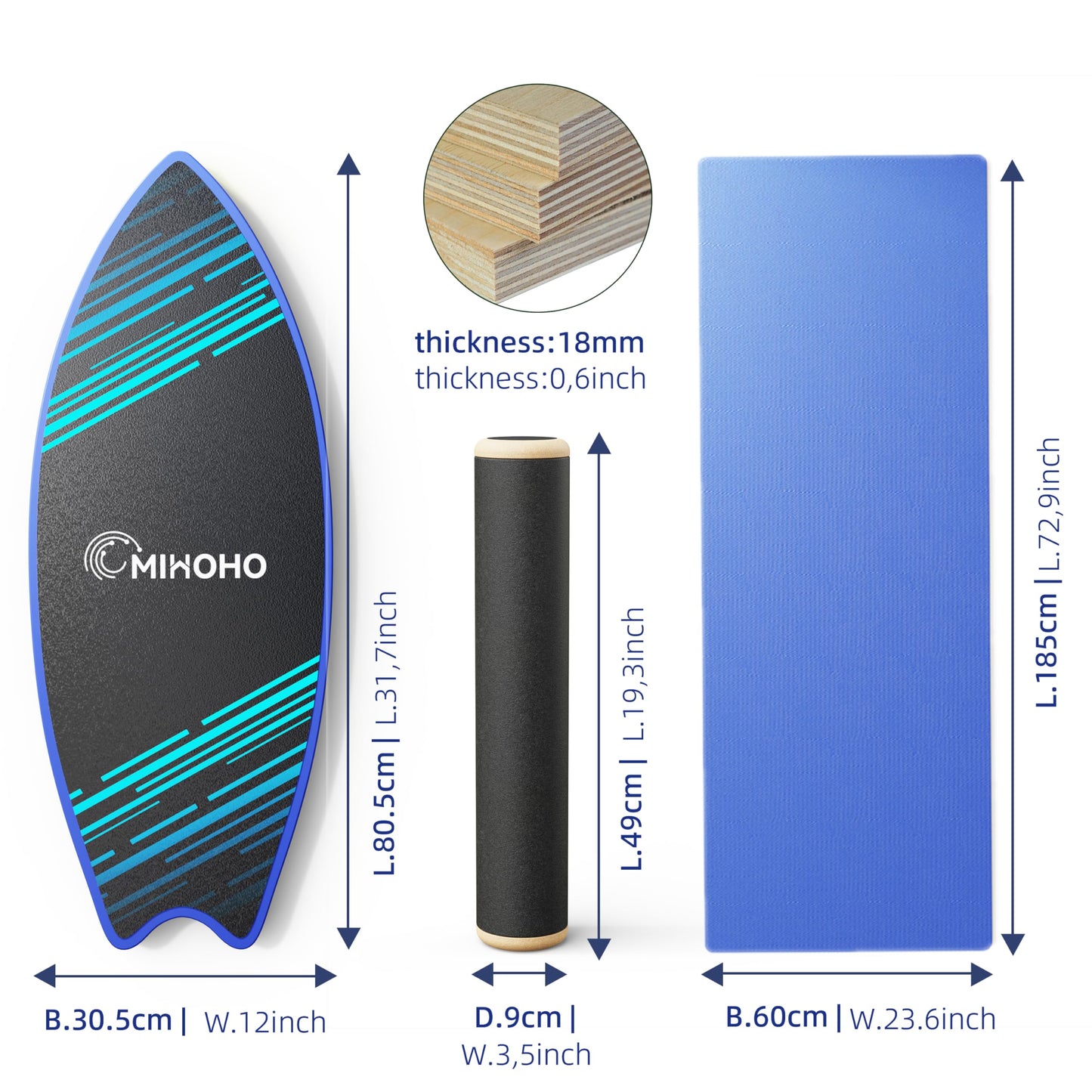 Balance Board Sports with Mat, Exercise Balancing Stability Trainer for Improve Balance, Core Balance Trainer for Fitness, Rehab, Surf (Blue)