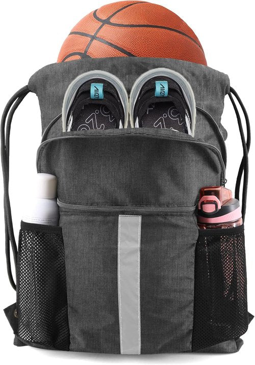 BeeGreen X-Large Drawstring Backpack | Black Gym Bag with Shoe Compartment for Sports