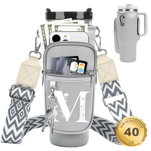 LOKASS Initial Water Bottle Holder with Strap for Stanley Cup 40oz Tumbler with Handle,Insulated Water Bottle Carrier Bag with Phone Pocket, Floral & Carabiner for Stanley Cup Accessories (Grey M)